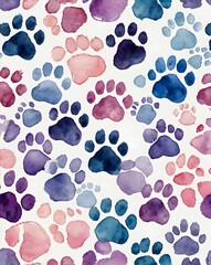 Fototapeta premium Cat and dog paw print seamless pattern colorful vector on white background 