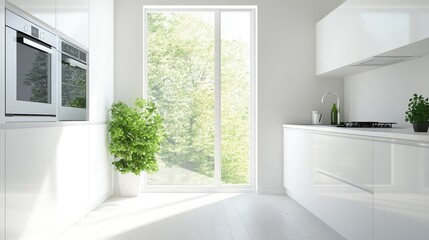 A bright and airy kitchen with a glass door, smooth walls, and stylish modern cabinetry.