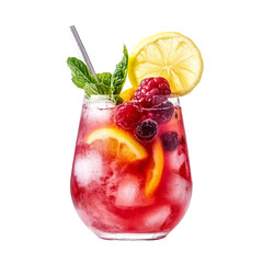 Extreme front view of a perfect looking Rose Lemonade Sangria wine cocktail drink isolated on a white transparent background