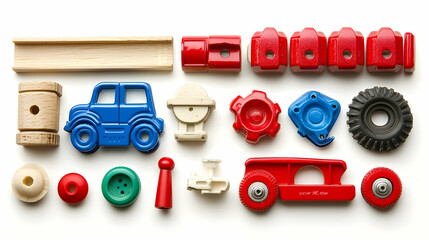 Fototapeta premium Colorful construction toy parts arranged on white background, showcasing creativity and play
