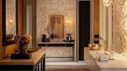 A chic entryway with patterned wallpaper, a console table, and stylish accessories.