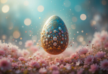 Elegant Easter egg with intricate golden floral patterns and pearls floating above a field of pink blossoms, surrounded by soft glowing bokeh lights in a dreamy atmosphere