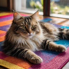 Maine Coon cat lounging gracefully on a colorful rug in a sunlit room with large windows