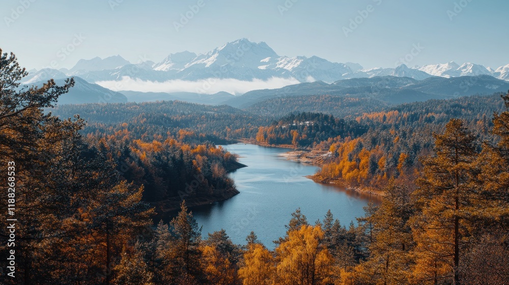 Wall mural Autumn forest overlooking serene lake with distant snowy mountains.