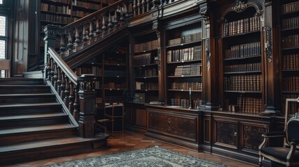Obraz premium A grand library featuring wooden shelves filled with books and an elegant staircase.