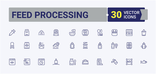 Feed Processing icon set. Includes icons for machinery, animal, screw, silos, feed, web, eat. Thin outline icons pack. Editable stroke. Vector illustration.