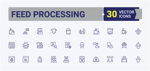 Feed Processing icon set. Includes icons for machinery, animal, screw, silos, feed, web, eat. Thin outline icons pack. Editable stroke. Vector illustration.