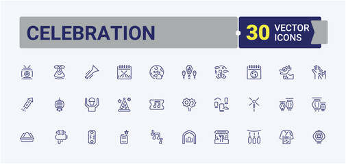 Naklejka premium Celebration line icons set. Includes icons for hippie, party, celebration, entertainment, decoration, festival, firework, food. Outline icon. Editable stroke.