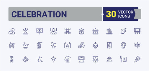 Naklejka premium Celebration line icons set. Includes icons for hippie, party, celebration, entertainment, decoration, festival, firework, food. Outline icon. Editable stroke.
