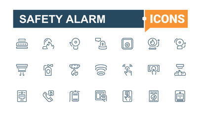 Safety Alarm icons set. Includes icons for hydrant, heat, flame, smoke, extinguisher, call, firefighter and more. Thin linear style icons. Editable stroke.