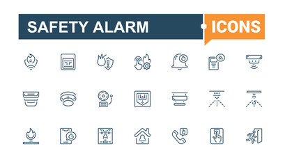 Safety Alarm icons set. Includes icons for hydrant, heat, flame, smoke, extinguisher, call, firefighter and more. Thin linear style icons. Editable stroke.