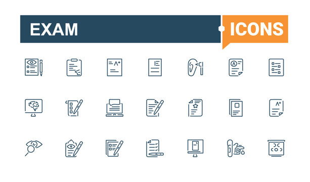 Exam Barber icons set. Includes thin line question, mark, d, training, pass, questionnaire and more. Perfect for logos and infographics. Editable vector icon and illustration.
