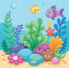 Fish and dolphin swimming over coral reef and algae in the ocean