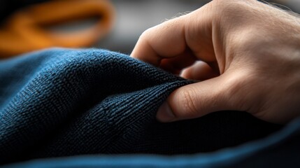 Close-up of a Hand Gently Touching Soft Blue Fabric
