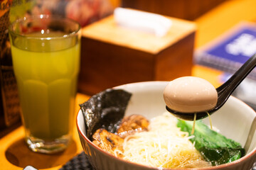 Ramen Bowl with Soft-Boiled Egg and Green Tea