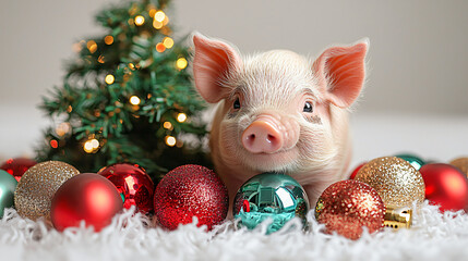 Adorable piglet beside miniature Christmas tree festive ornaments holiday decoration joyful heartwarming vibe cute vet soft baby home interior invitation greeting card photography kids children story