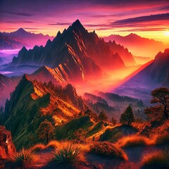Fototapeta premium A breathtaking mountain landscape during sunset, vibrant colors, ultra-realistic 
