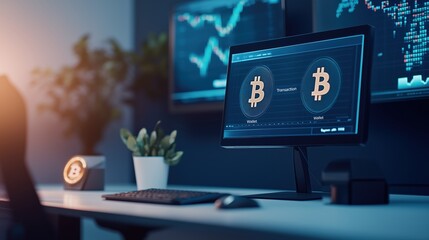 Modern workspace featuring a computer displaying Bitcoin transaction data, showcasing a blend of technology and financial analysis in a sleek environment.