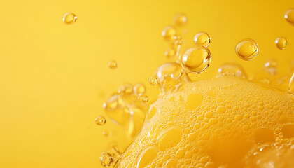 A juicy orange splash captured mid-motion with vibrant yellow liquid droplets. The scene is refreshing and energetic. Background