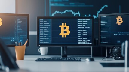 Modern workspace featuring multiple monitors displaying Bitcoin transactions and data analysis, highlighting essence of cryptocurrency technology and digital finance.