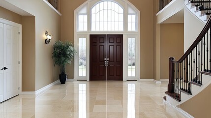 Obraz premium A luxurious foyer with a grand double door, soft beige walls, and elegant decor.