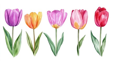 Obraz premium Tulip Flowers drawing colorful clipart set. Spring flowers clip art in watercolor, colorful. Isolated white background 