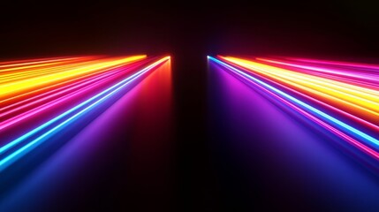 Colorful neon light trails in motion against dark background