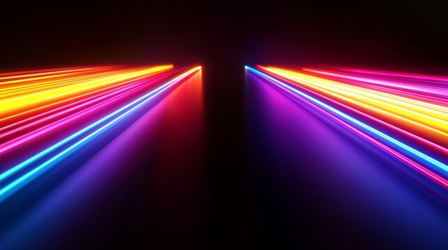 Colorful neon light trails in motion against dark background