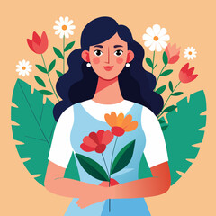 Illustration of a dark-haired woman holding a bouquet of flowers, surrounded by greenery and warm tones.