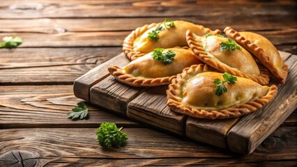 Fototapeta premium empanadas on wooden table, rustic, bread, rustic, bread, food, argentinian cuisine, traditional, meat filling, sauces