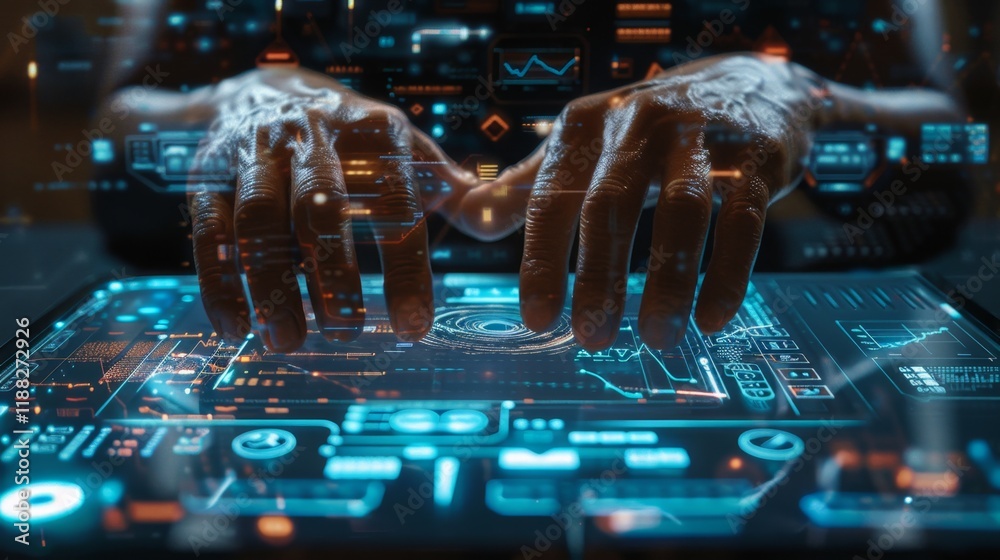 Aufkleber futuristic technology interface with hands engaging in data manipulation during a high-tech setting