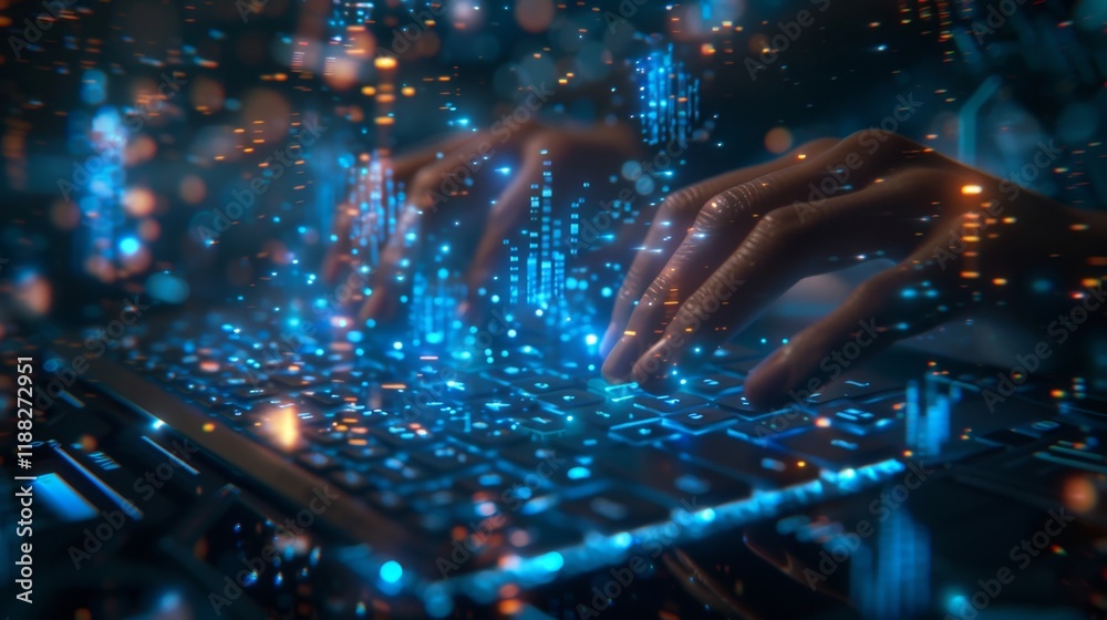 Poster fingers navigating a keyboard surrounded by glowing data representations in a modern digital environ