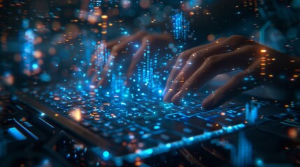 Fingers navigating a keyboard surrounded by glowing data representations in a modern digital environment