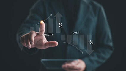 Quality control, Businessman showing cost with down arrow and quality with up arrow for business...