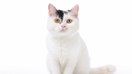 Adorable Fluffy White Cat with Black Patches Sitting on White Background