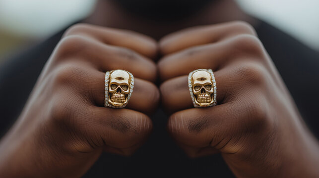 A close-up of a man's finger with an ornate diamond and golden skull ring 