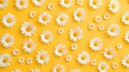A vibrant display of daisies in varying sizes against a bright yellow background, creating a cheerful and lively atmosphere.