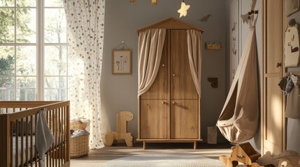 A modern nursery with soft colors, wooden furniture, and adorable details.