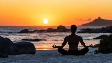 Fototapeta premium Sunset Yoga Silhouette: Finding Inner Peace by the Ocean