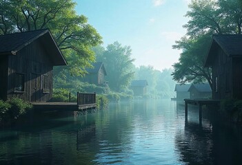Obraz premium Calm Morning Reflections by the Tranquil Waterside Cabins in a Misty Landscape