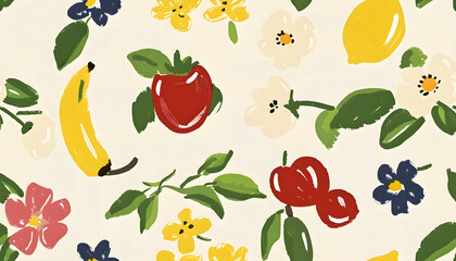 Obraz premium Illustration - Vibrant Fruits and Flowers Pattern Background