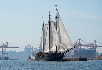 Obraz premium Majestic Sailing Ship Docked by the Harbor With Towering Cranes in the Background
