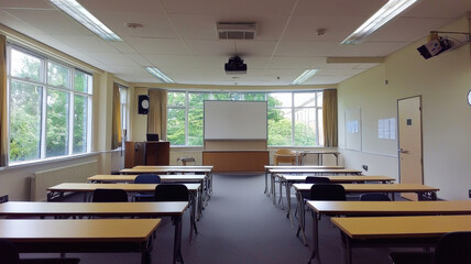 Obraz premium A spacious classroom with neatly arranged desks, a large whiteboard at the front, and big windows letting in natural light—perfect for learning environments.