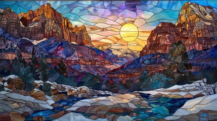 Stained glass window with mountains in the background. Digital painting.