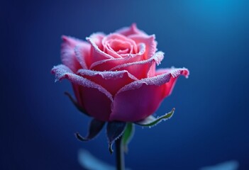A rose with frost on it is in a blue and purple background