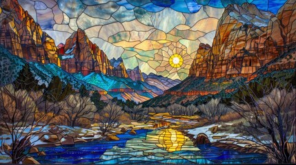 Stained glass Mountain . Nature painting concept