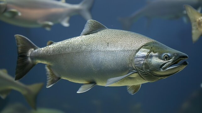 A close-up of a silver salmon swimming gracefully in clear blue water, showcasing its sleek body and vibrant scales among a school of fish.