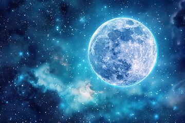 Fototapeta premium A luminous full moon surrounded by a starry night sky and cosmic clouds.