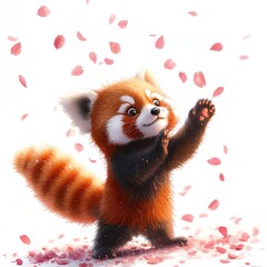 Obraz premium A playful red panda joyfully dancing amidst falling flower petals.