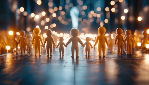 A diverse group of stylized human figures holding hands in a warm, illuminated environment, creating a sense of unity and connection.